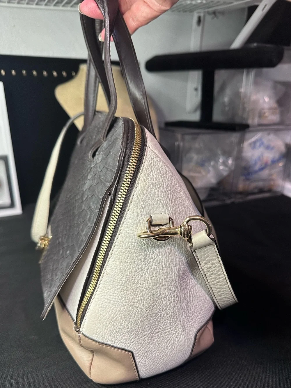 Furla Satchel Top Handle Bag Black/Beige Animal Print Zip Detachable Strap